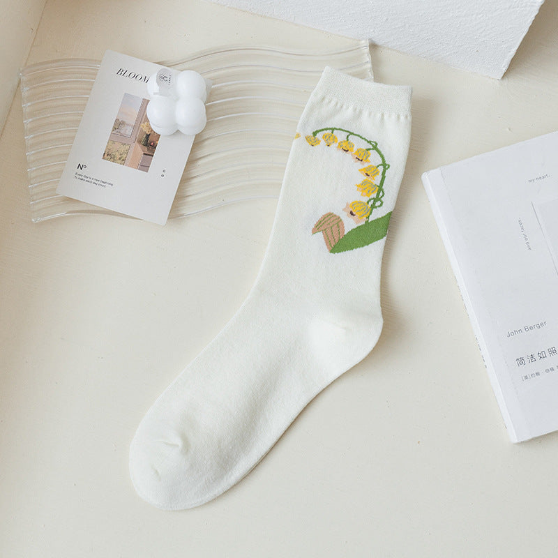 Socks Women's Pure Cotton Spring and Autumn Tube Three-dimensional Flower Cotton Socks Small Flower Japanese Trend Internet Celebrity Casual Women's Socks Wholesale