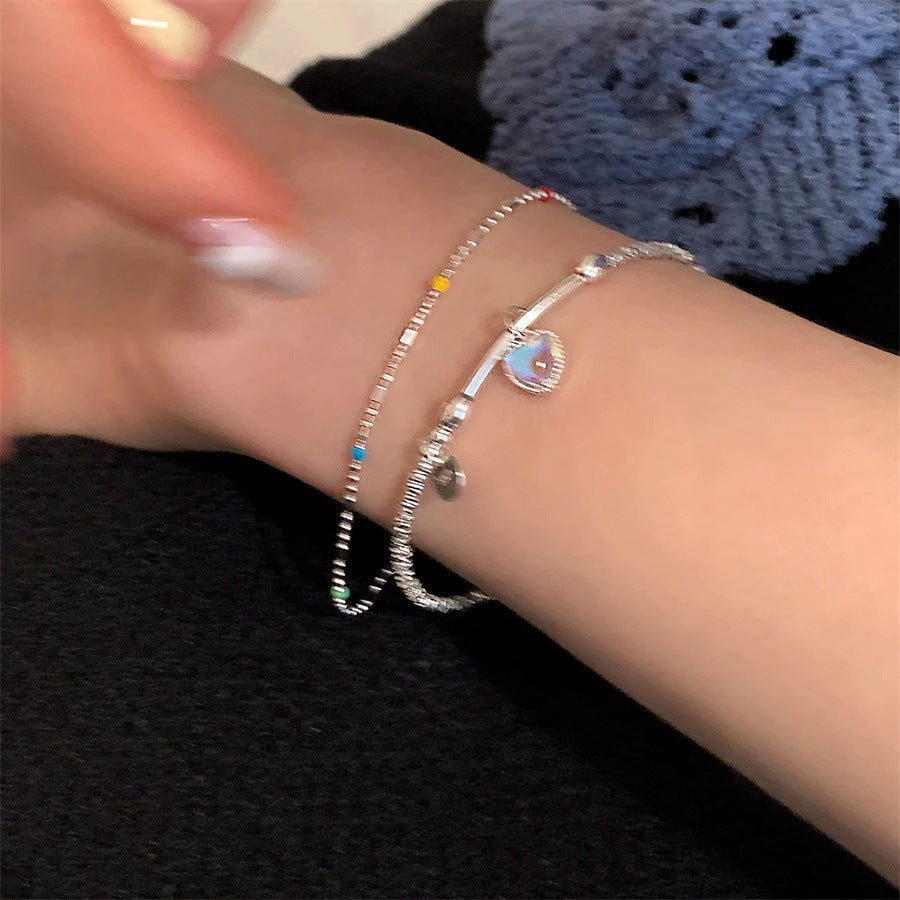 Korean Version of Color Moonstone Love Bracelet Women's S925 Sterling Silver Simple Temperament Niche Versatile High-end Jewelry Tide