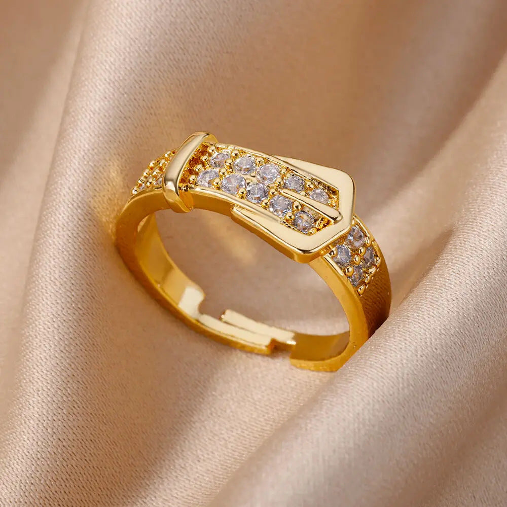 Women 18K Gold Plated Full Diamond Titanium Steel Non-Fading Opening Ring Zircon Leaf Ring