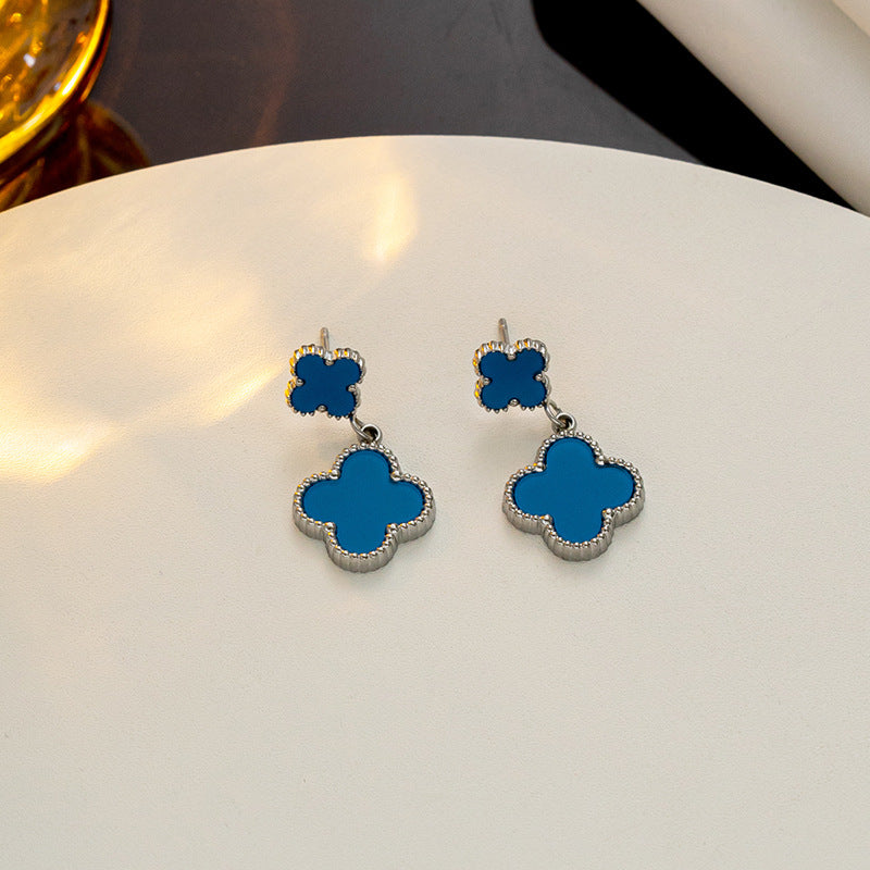 Lucky four-leaf flower fringed stud earrings Internet celebrity explosion versatile earrings exquisite Fan family temperament high-end earrings