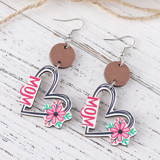 New Mother's Day MOM Flower Love Disc Splicing Pendant Earrings Wooden Double-sided Earrings Mother's Day Gift