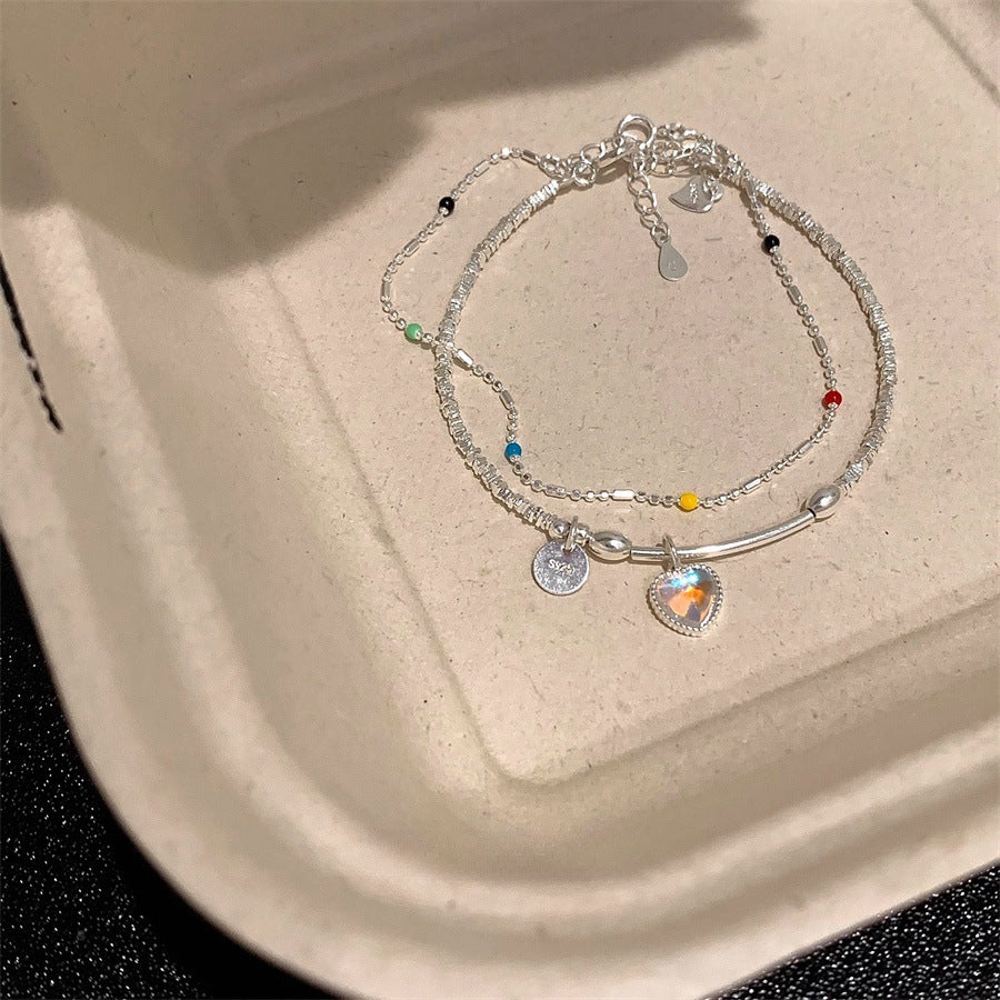 Korean Version of Color Moonstone Love Bracelet Women's S925 Sterling Silver Simple Temperament Niche Versatile High-end Jewelry Tide