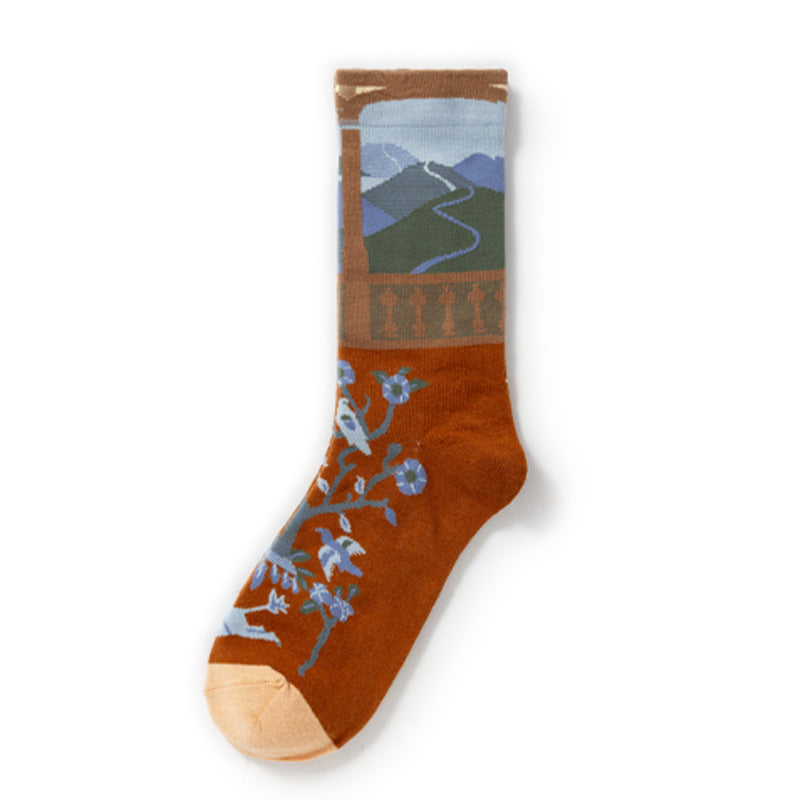 Oil Painting Socks Women's French Retro Ins Tide Autumn and Winter Abstract Tall Tube Creative Combed Cotton Women's Medium Tube Socks