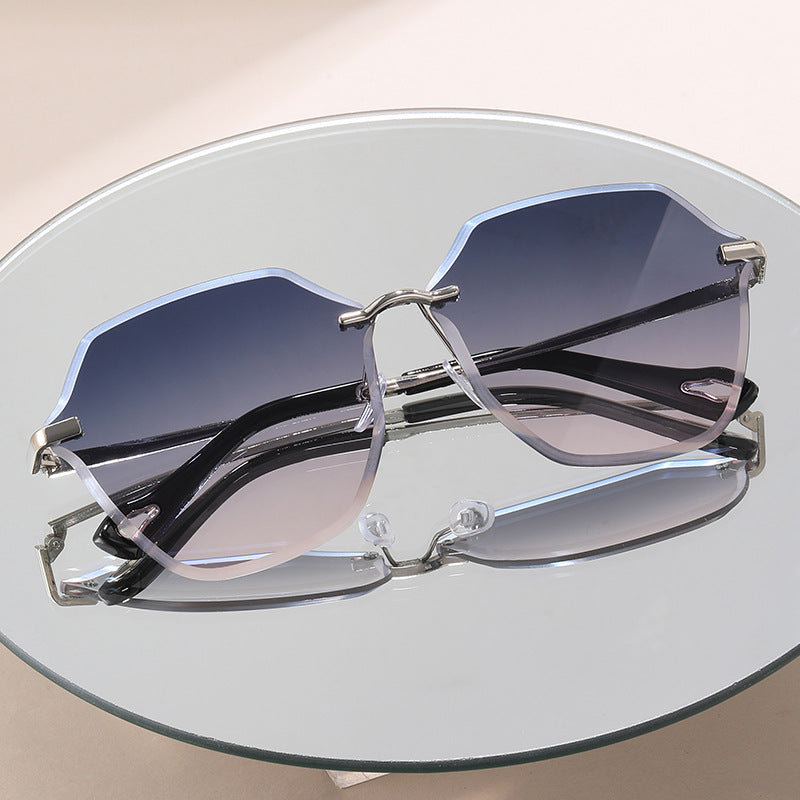 Internet Celebrity Explosion Polygonal Frameless Trimmed Sunglasses Women, Fashion Trend Large Frame Retro UV Protection Sunglasses