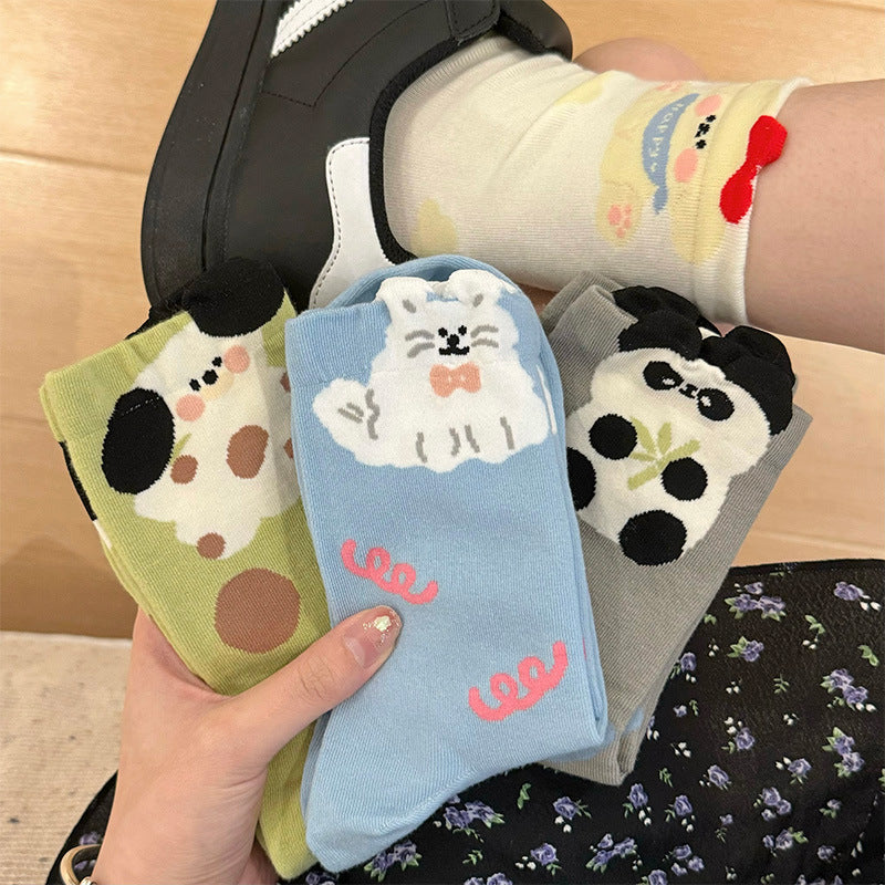 Funny Cartoon Puppy Socks Women's Autumn and Winter Blue Medium Tube Socks Pure Cotton Japanese Cute Student Spring and Autumn Stockings