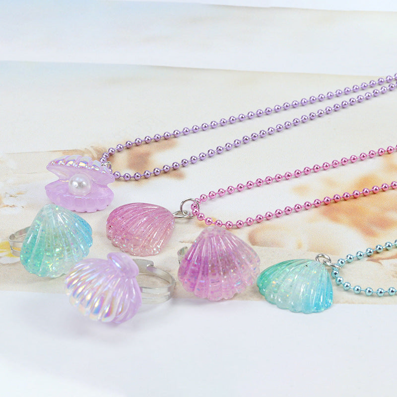 New Shell Necklace Ring Ocean Series Children's Pendant Girl Pink Ring Party Friendship Jewelry