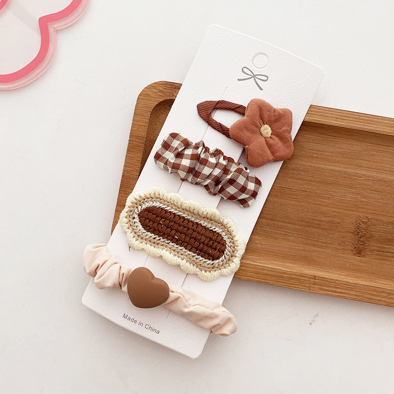 4 Milk Coffee Color Versatile Fabric Children's Break Clip Bow Girl Heart Hairpin Edge Clip Korean Sweet Hairpin