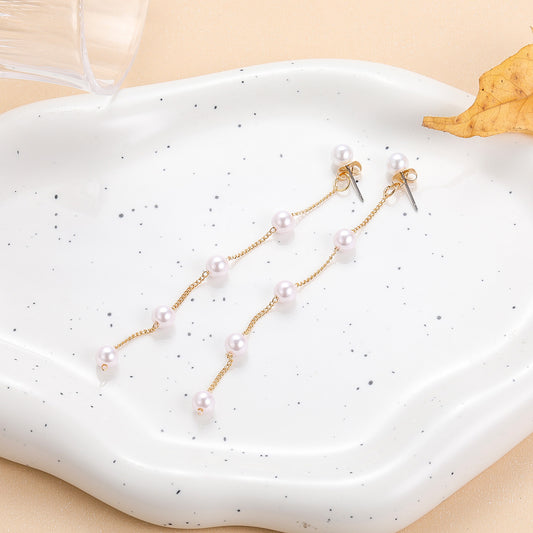 Beaded New French Retro Earrings Temperament Long Simple Pearl Fringed Earrings Women