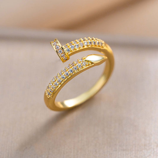 Fashion Light Luxury 18k Electroplated Nail-shaped Live Ring Women's Niche High-end Sense Opening Adjustable Ring Hot-selling