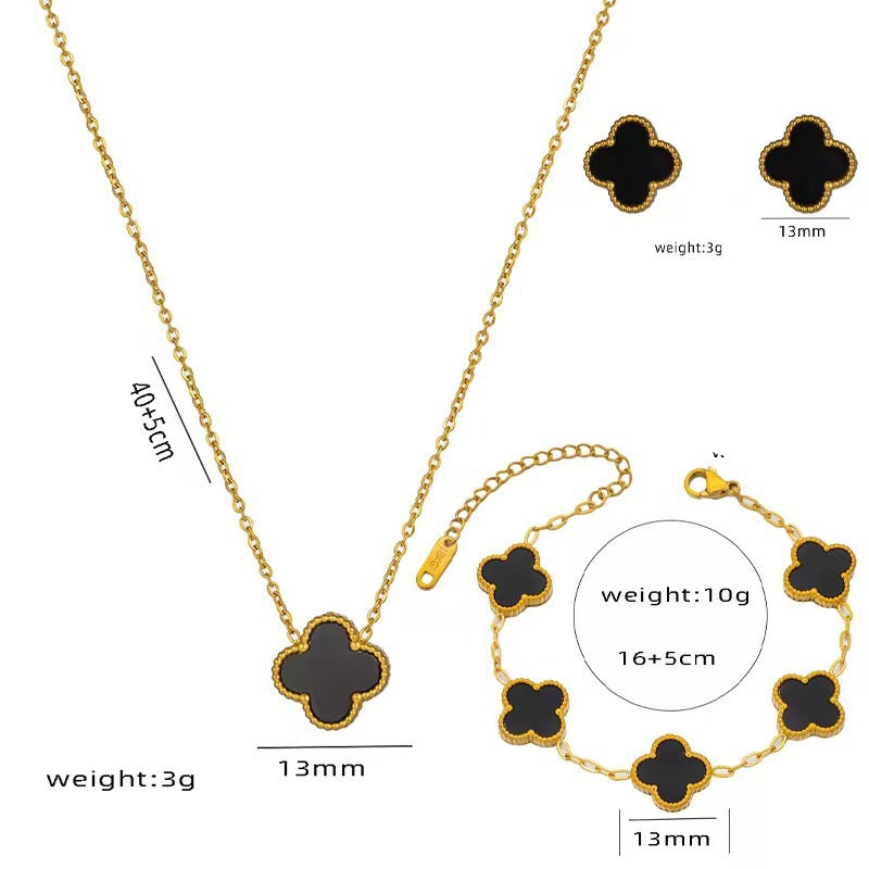 Four-leaf Clover Necklace 13MM Bracelet Stud Earrings Three-piece Set Versatile Lucky Four-leaf Clover Five-flower Bracelet Collarbone Chain Earrings