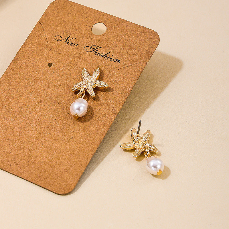 1 Pair of European and American Summer New Temperament Metal Starfish Pearl Fringed Women's Earrings Earrings Holiday Style