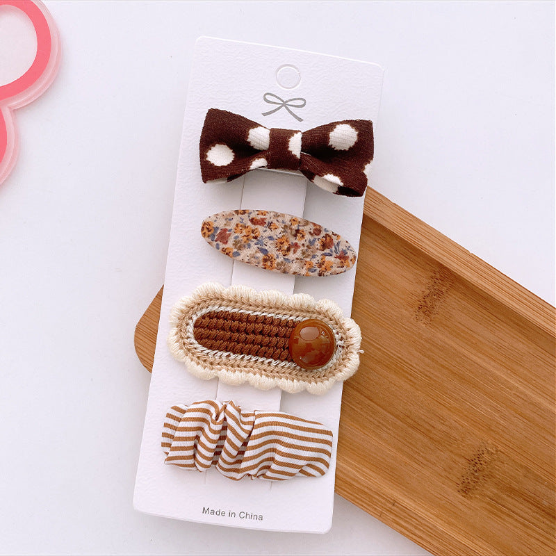 4 Milk Coffee Color Versatile Fabric Children's Break Clip Bow Girl Heart Hairpin Edge Clip Korean Sweet Hairpin