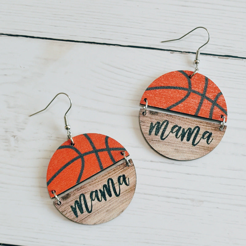 MOM Mother's Day Wooden Earrings Sports Softball Basketball Wooden Round Earrings Earrings Batch