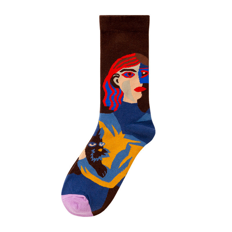 Oil Painting Socks Women's French Retro Ins Tide Autumn and Winter Abstract Tall Tube Creative Combed Cotton Women's Medium Tube Socks