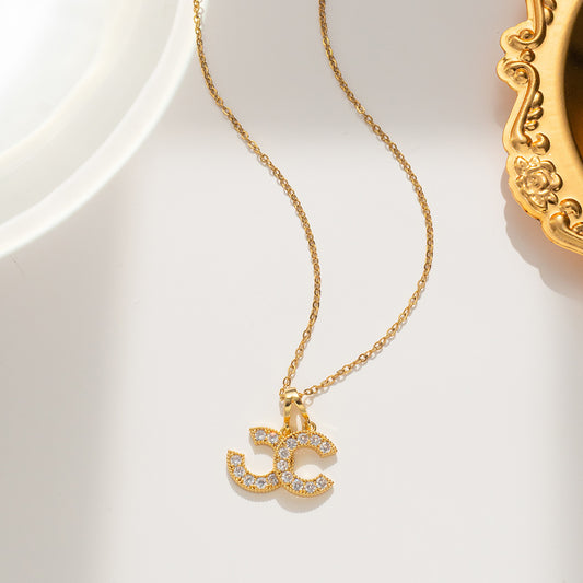 Korean Version of Titanium Steel Double C Necklace Women's Gold Micro-inlaid New Light Luxury Ins Fashion Versatile Model Supports One Piece of Hair