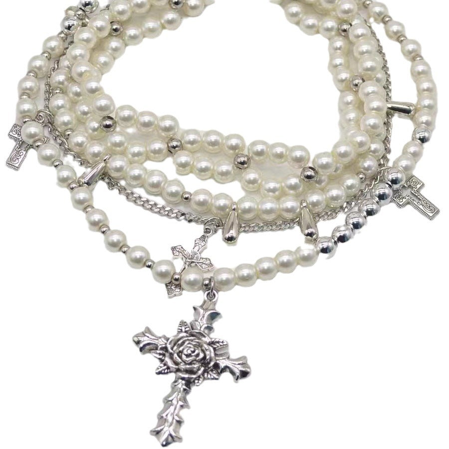 Vintage Baroque Temperament Chocker Collarbone Chain Niche Fashion Cross Pearl Stacked Multi-layer Necklace