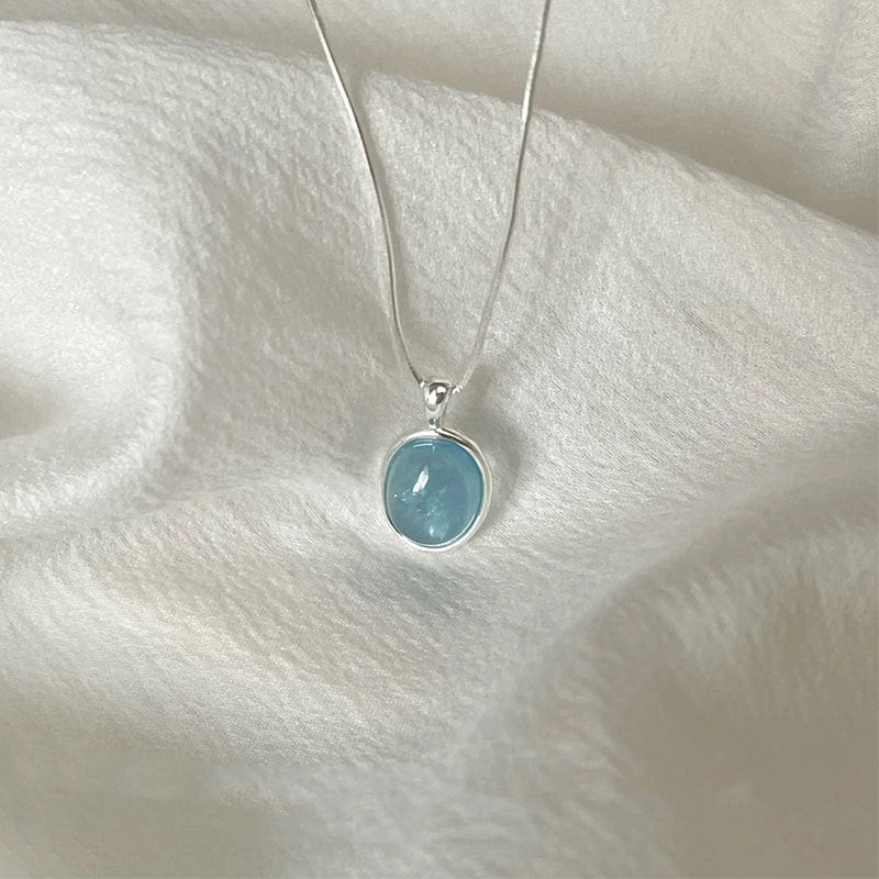 Silver-plated Natural Aquamarine Moonstone Necklace Women's High Sense Ins Wind Niche Versatile Oval Pendant Collarbone Chain