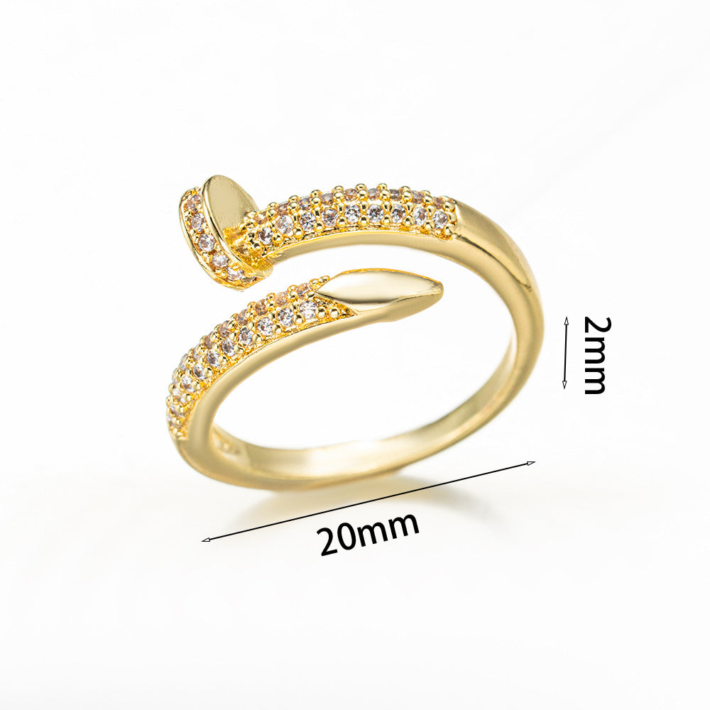 Fashion Light Luxury 18k Electroplated Nail-shaped Live Ring Women's Niche High-end Sense Opening Adjustable Ring Hot-selling