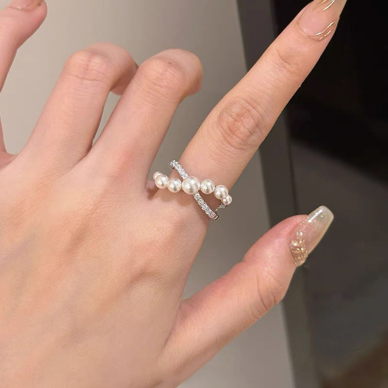 French Pearl Zircon Cross Design Ring, New High-end Fashion Versatile Ring, Open Light Luxury Wholesale
