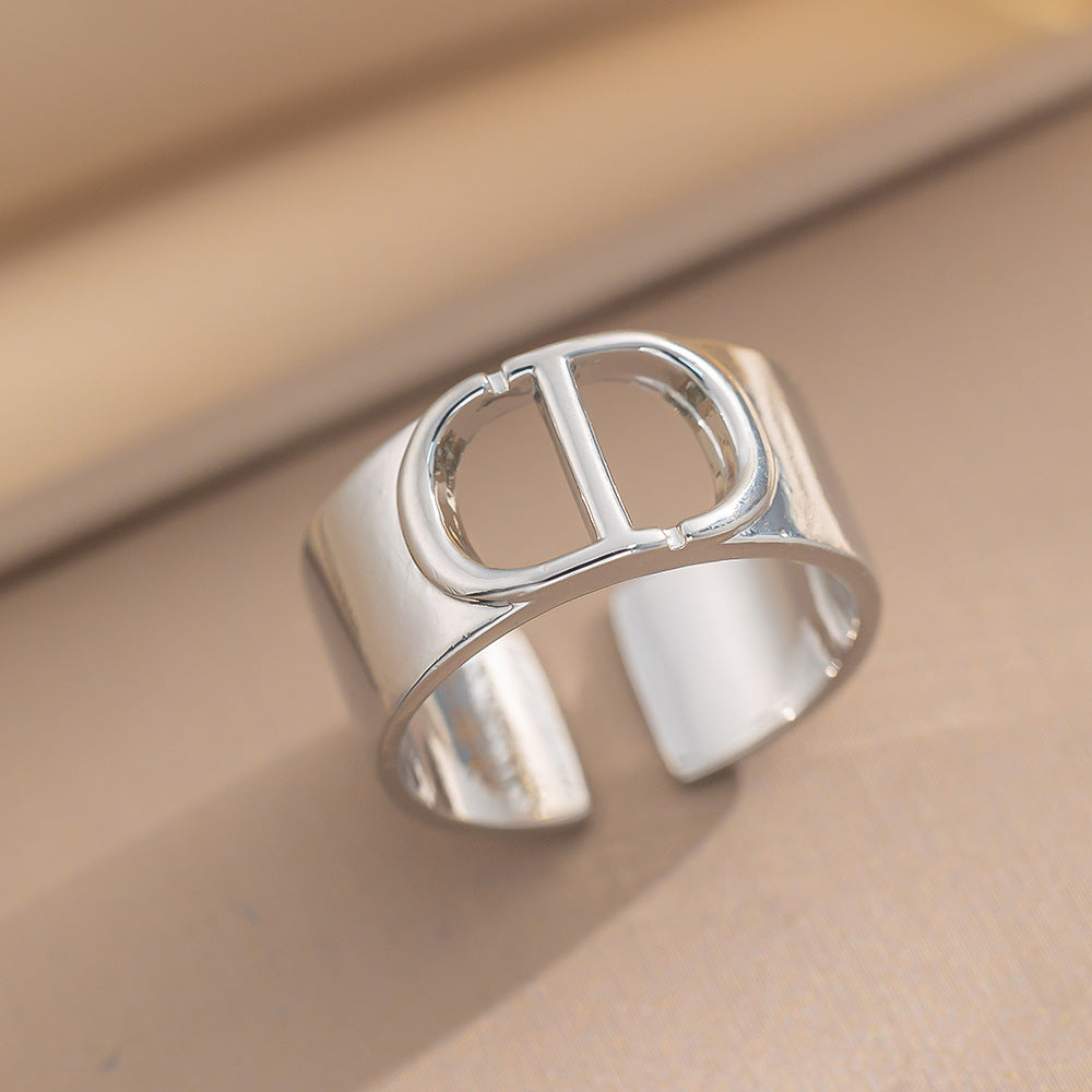 Wide Titanium Steel Ring C-shaped Opening Size Adjustable Letters Simple Fashion Light Luxury High Sense Design Europe and America
