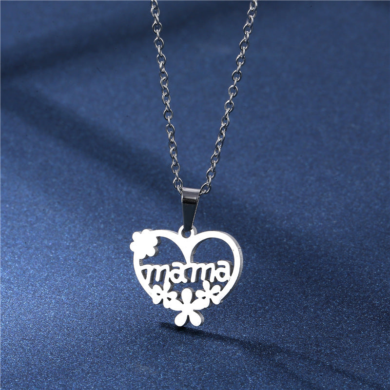 Simple Heart-shaped English Letter Mom Mom Necklace Female Flower Love Collarbone Chain Stud Earrings Set