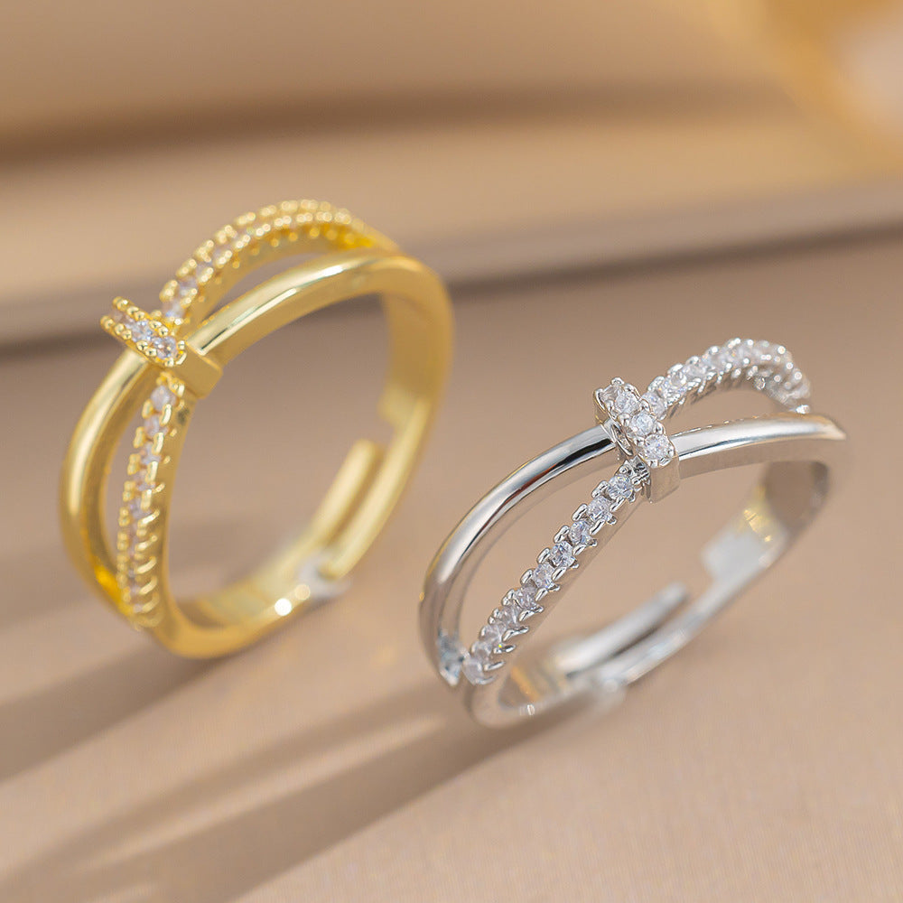New Micro-inlaid Diamond Cross-kink Ring Women's Light Luxury European and American Style Personalized Opening Niche Design Ring