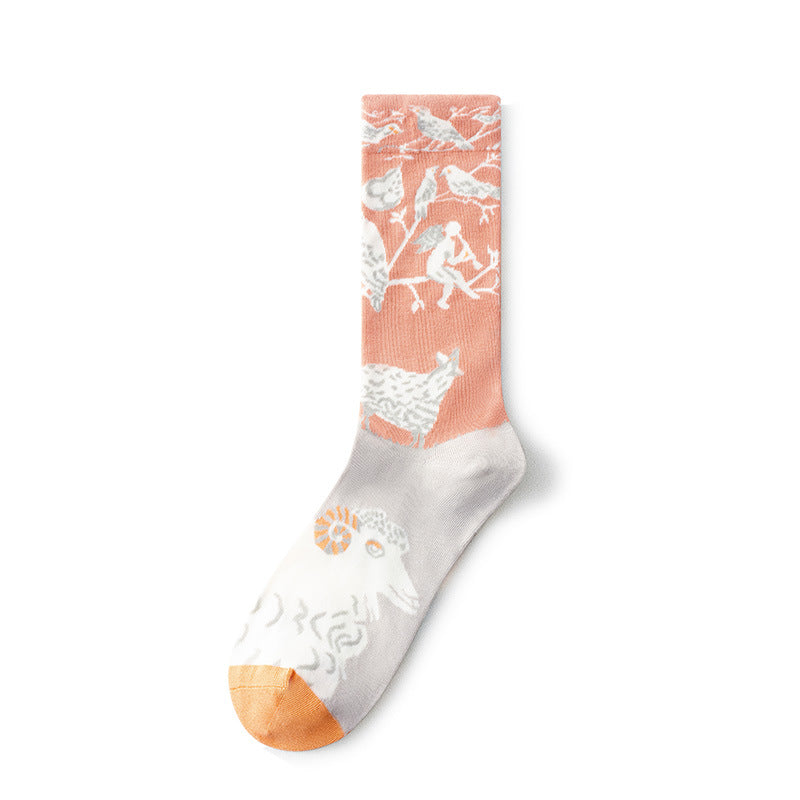 Oil Painting Socks Women's French Retro Ins Tide Autumn and Winter Abstract Tall Tube Creative Combed Cotton Women's Medium Tube Socks