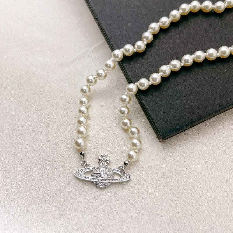 Korean Version of Fashion Niche Design Saturn Pearl Necklace Light Luxury Collarbone Chain Women's Summer High-end Temperament Neck Chain Accessories