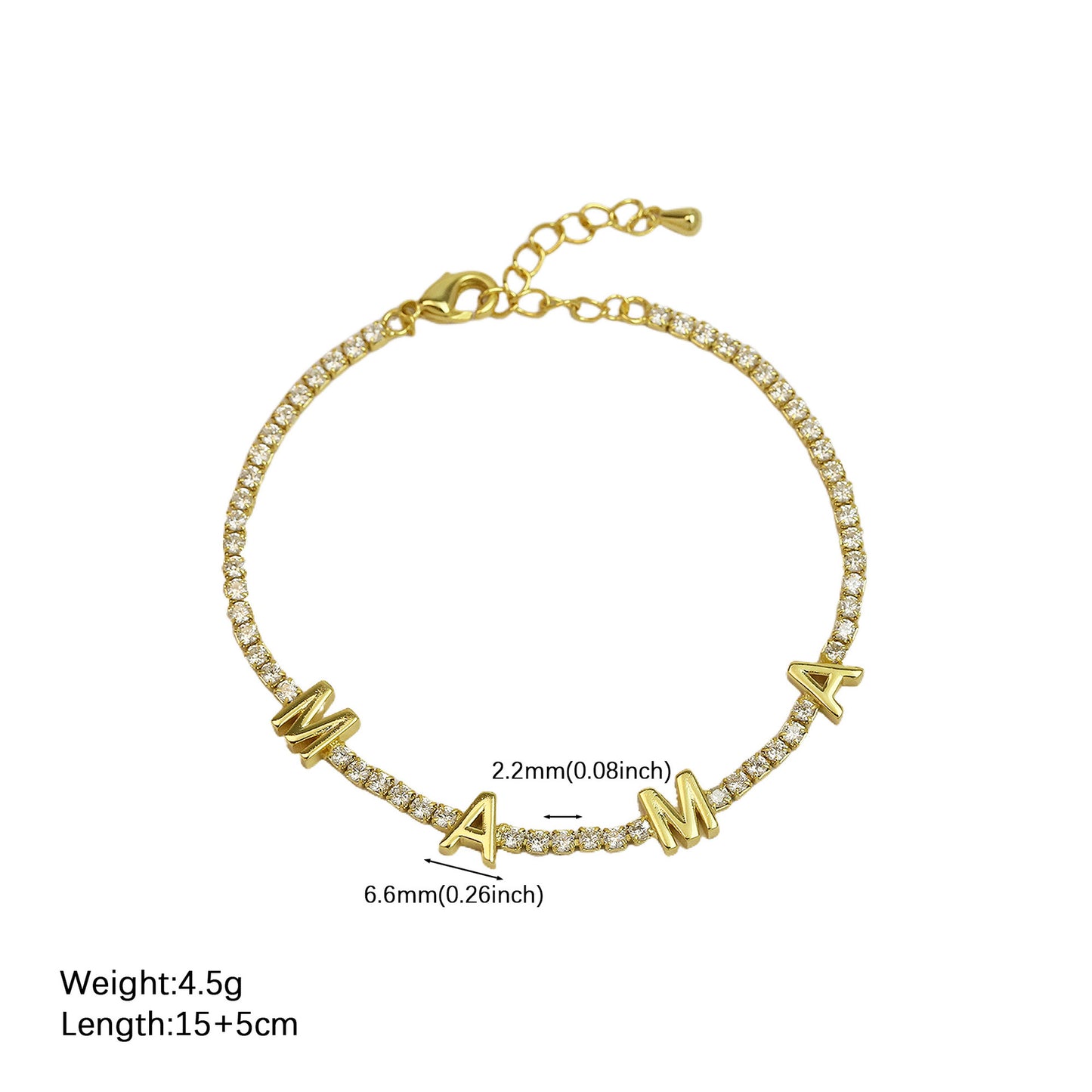 18k Brass Mama Tennis Zircon Chain Adjustable Bracelet Is Suitable for Mother's Day Gifting