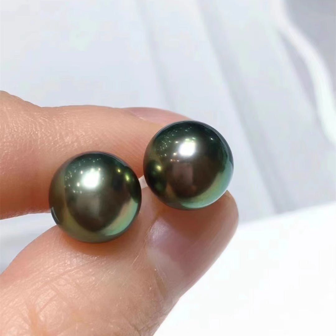 18K White Gold High Quality Tahitian Malachite Green Seawater Pearl Glass Bead Strong Light Perfect Round Earrings Earrings Popular