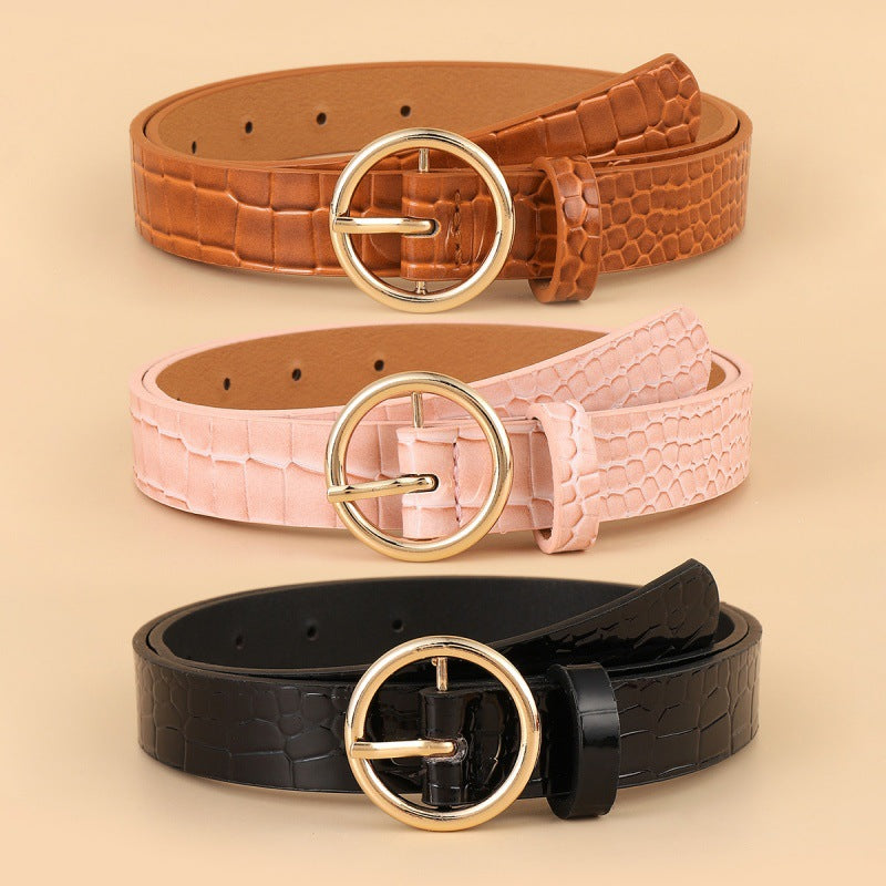 Korean Version of The New Crocodile Gold Pattern Round Buckle Belt Women's Decorative Pin Buckle Versatile Jeans Thin Belt Factory Direct Sales