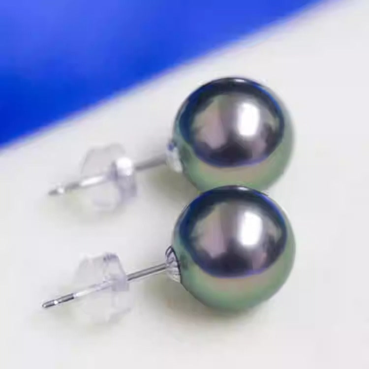 18K White Gold High Quality Tahitian Malachite Green Seawater Pearl Glass Bead Strong Light Perfect Round Earrings Earrings Popular