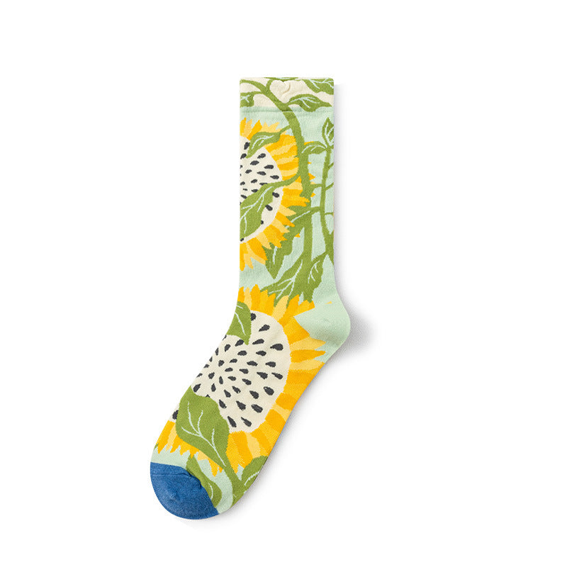 Oil Painting Socks Women's French Retro Ins Tide Autumn and Winter Abstract Tall Tube Creative Combed Cotton Women's Medium Tube Socks