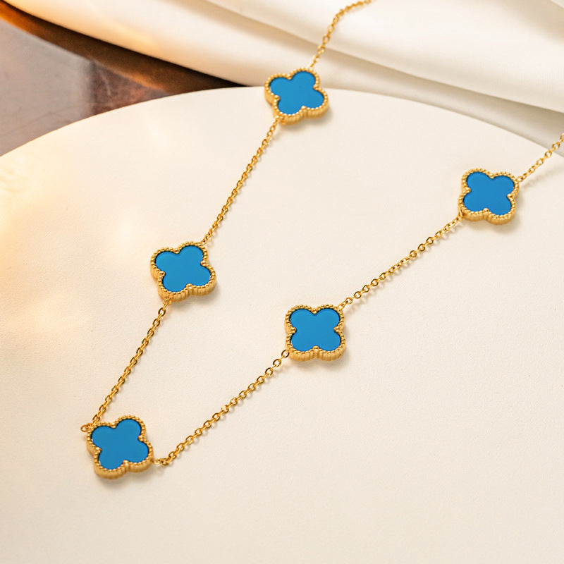 Titanium Steel Four-leaf Clover Five-flower Double-sided Fritillary Necklace 18K Real Gold Electroplating Non-fading Light Luxury High-sense Collarbone Chain