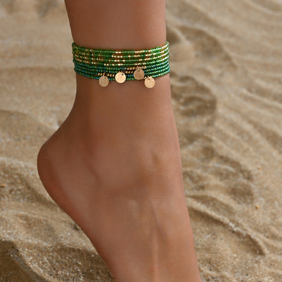 European and American Jewelry Summer Gold Disc Rice Bead Anklet Creative Bracelet Multi-purpose Beach Trend Two-piece Set