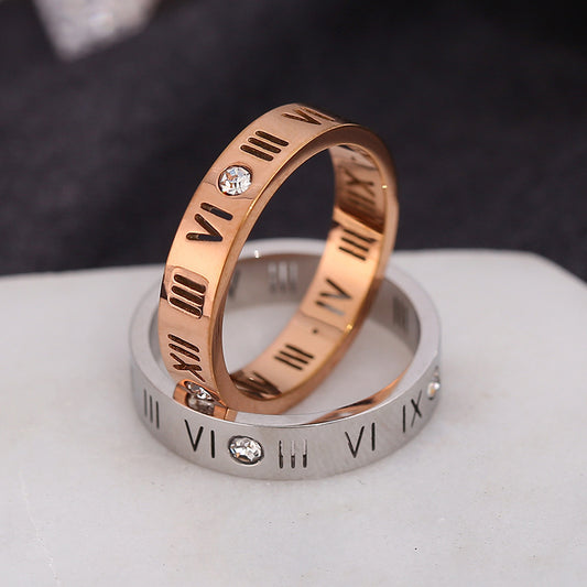 European and American New 18k Rose Gold Titanium Steel Roman Numerals Ring, Diamond-encrusted Hollow Couple Men's and Women's Letter Rings