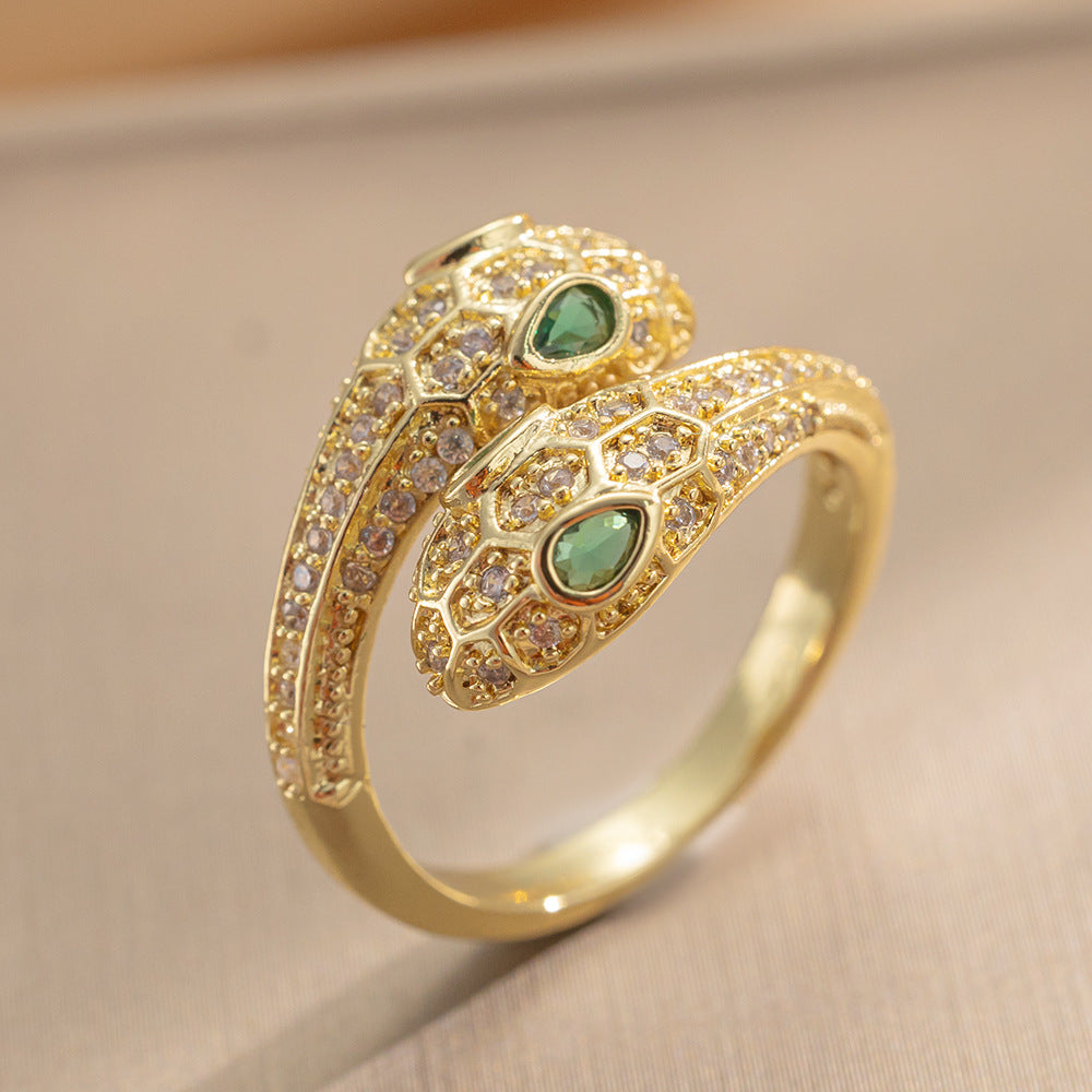 Micro-inlaid Zircon Two-headed Snake Ring, Women's Light Luxury High-end Sense Snake-shaped Personalized Index Finger Ring, Niche Design Sense Ring Tide