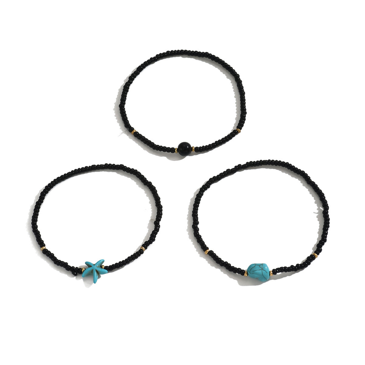 New Bohemian Vacation Wind Irregular Turquoise Starfish Rice Bead Elastic Anklet 3-piece Set