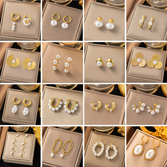 European and American Retro Fashion Versatile Titanium Steel Geometric Pearl Earrings