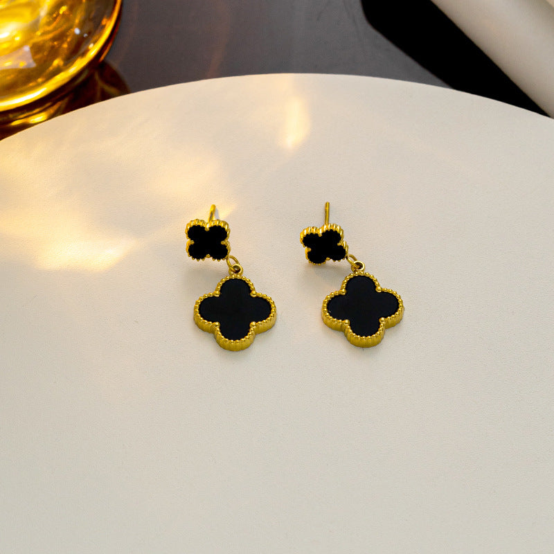 Lucky four-leaf flower fringed stud earrings Internet celebrity explosion versatile earrings exquisite Fan family temperament high-end earrings