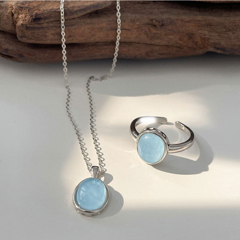 Silver-plated Natural Aquamarine Moonstone Necklace Women's High Sense Ins Wind Niche Versatile Oval Pendant Collarbone Chain