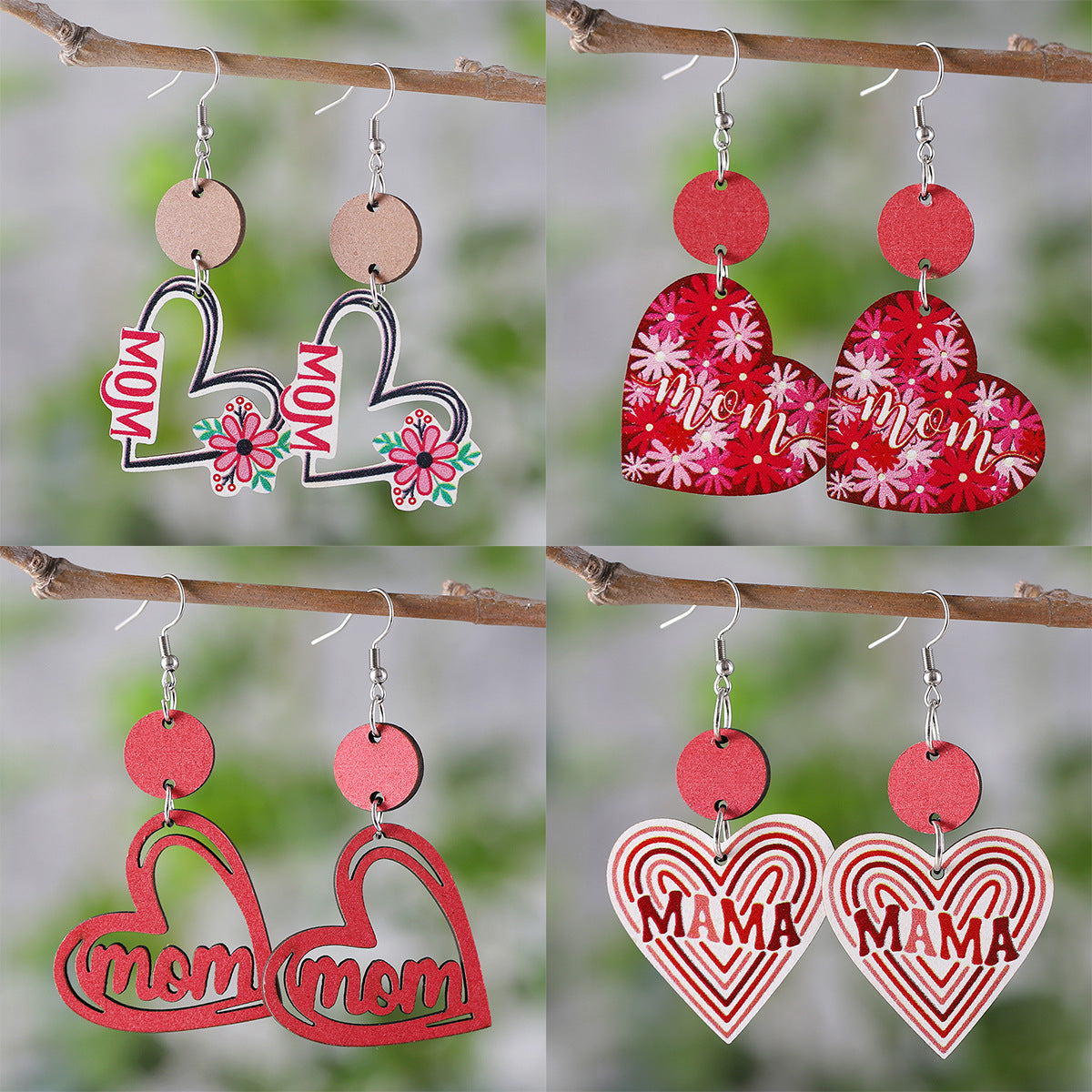 New Mother's Day MOM Flower Love Disc Splicing Pendant Earrings Wooden Double-sided Earrings Mother's Day Gift