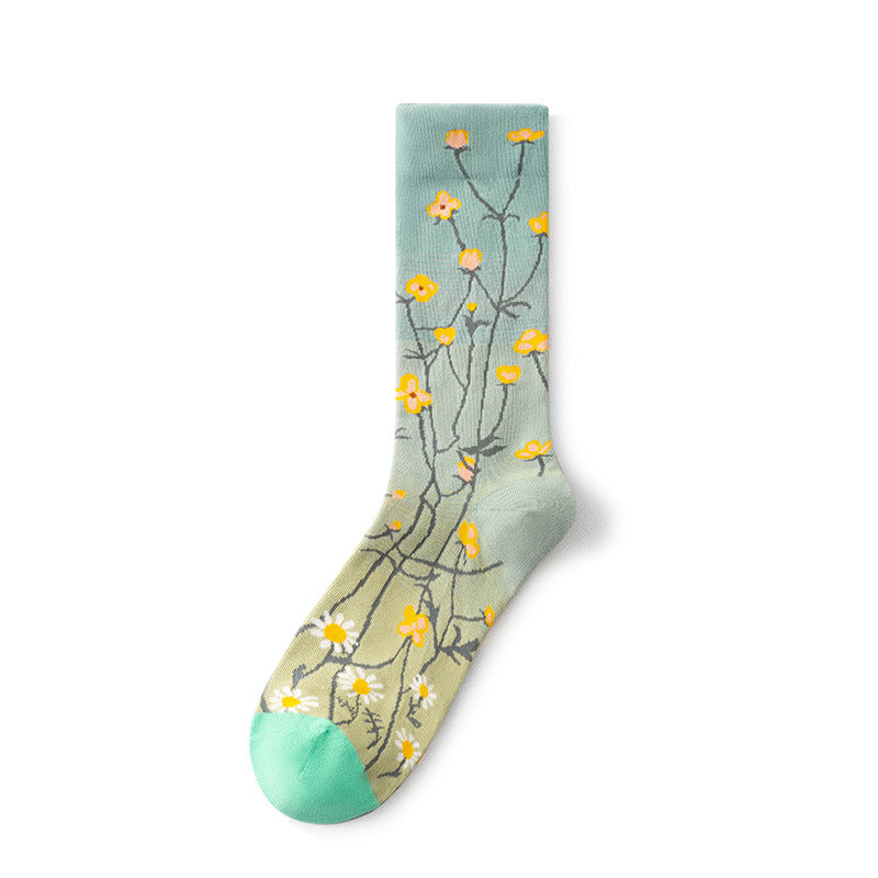 Oil Painting Socks Women's French Retro Ins Tide Autumn and Winter Abstract Tall Tube Creative Combed Cotton Women's Medium Tube Socks