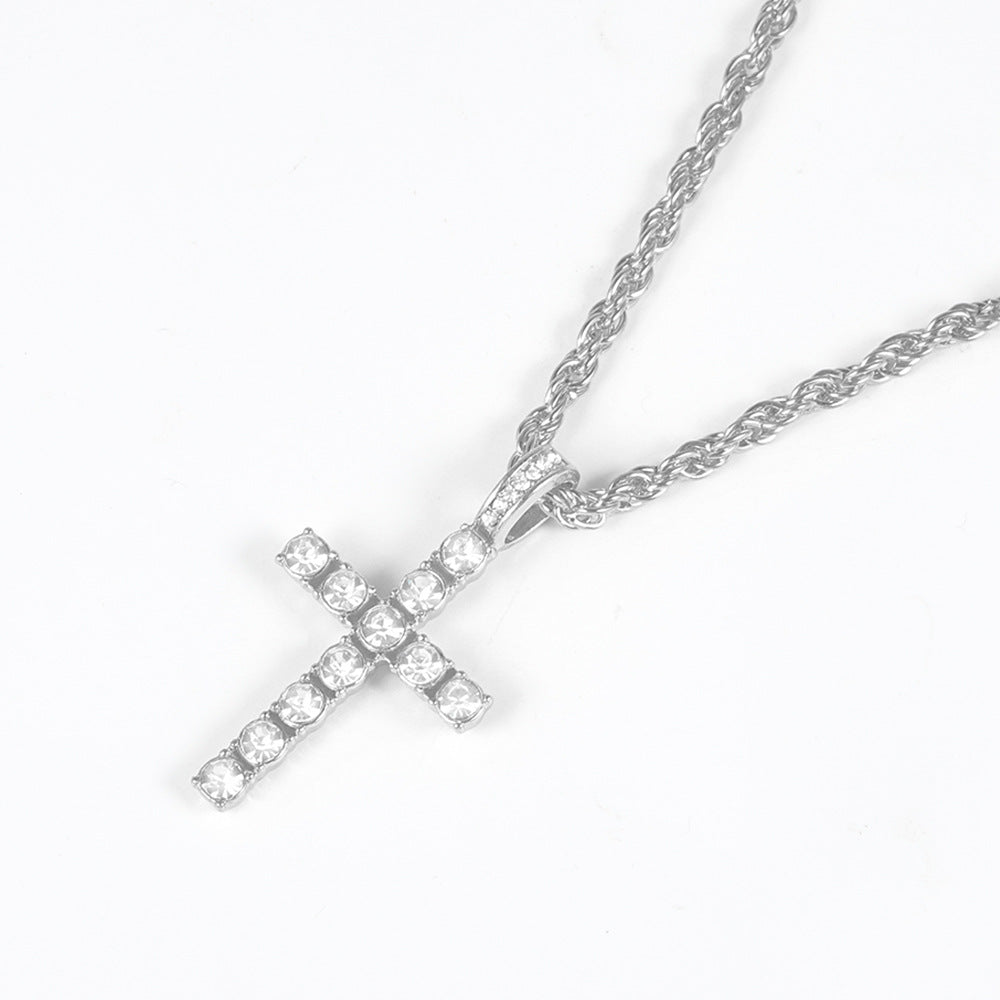 Popular Hip Hop Cross Necklace Pendant Full Diamond 4mm Tennis Chain Trendy Men's Personalized Jewelry