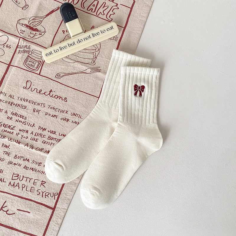 Ankola Red Socks Women's Medium Tube Socks Spring and Autumn Embroidery Bow Cotton Socks Versatile Striped Stockings Striped Women's Socks