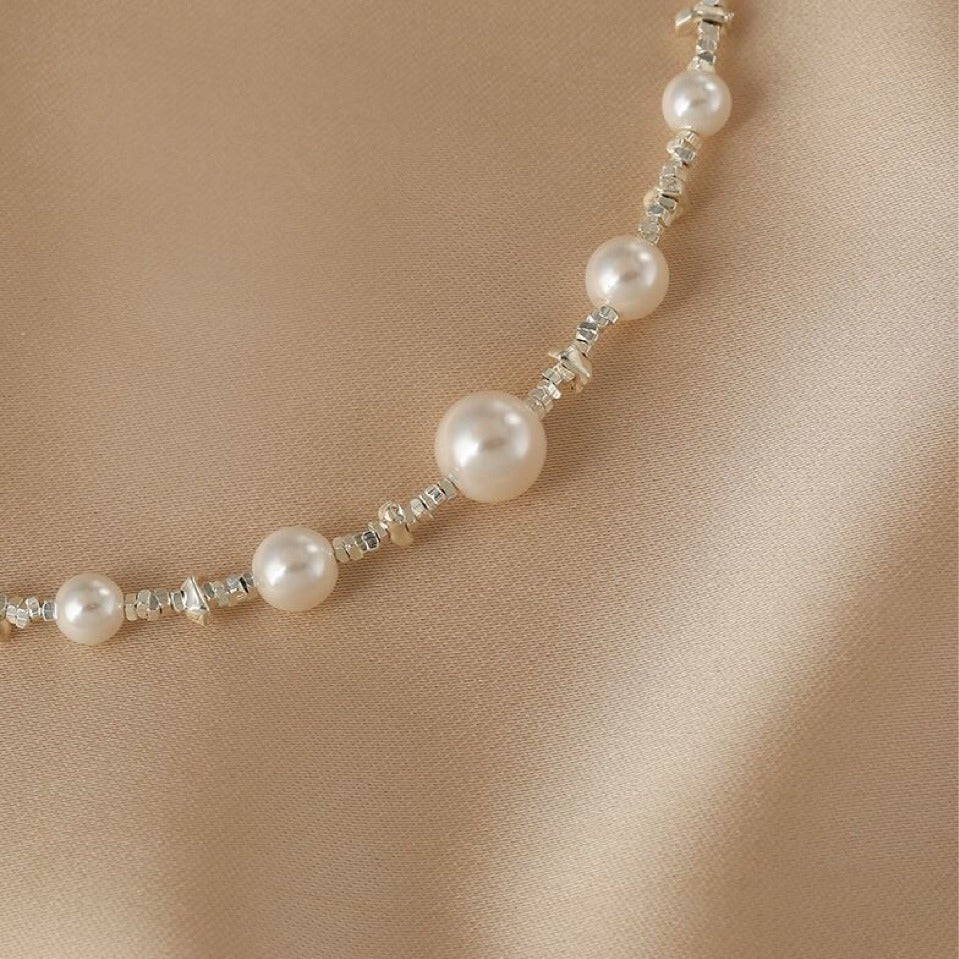 Pearl Necklace Women's Premium Broken Silver Collarbone Chain Ins Niche Design Birthday Gift for Girlfriend Silver Plating