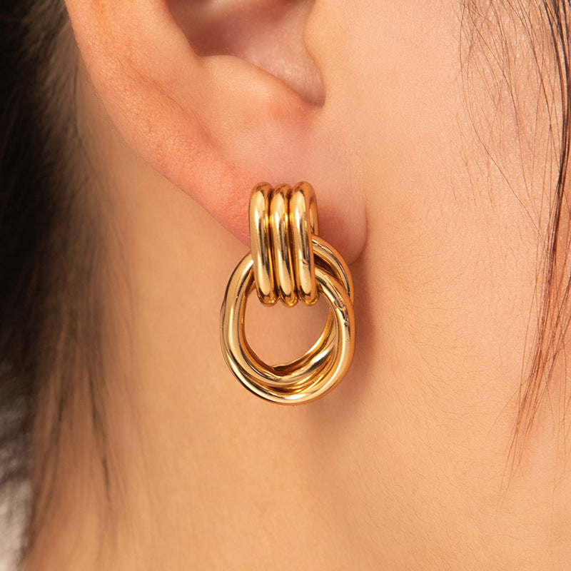 Exaggerated Titanium Steel Round Earrings Gold 18K Gold Light Luxury Earrings Fashion High Sense Love Earrings