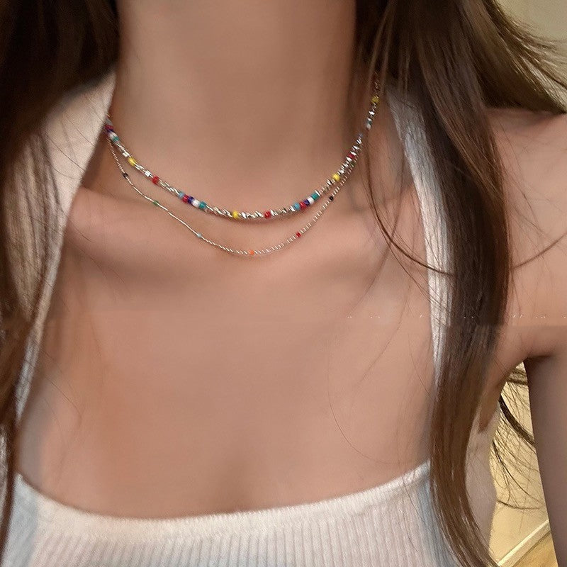 Color Stacked Beaded Broken Silver Necklace Dopamine Wear Neck Chain Light Luxury Niche Design Clavicle Chain