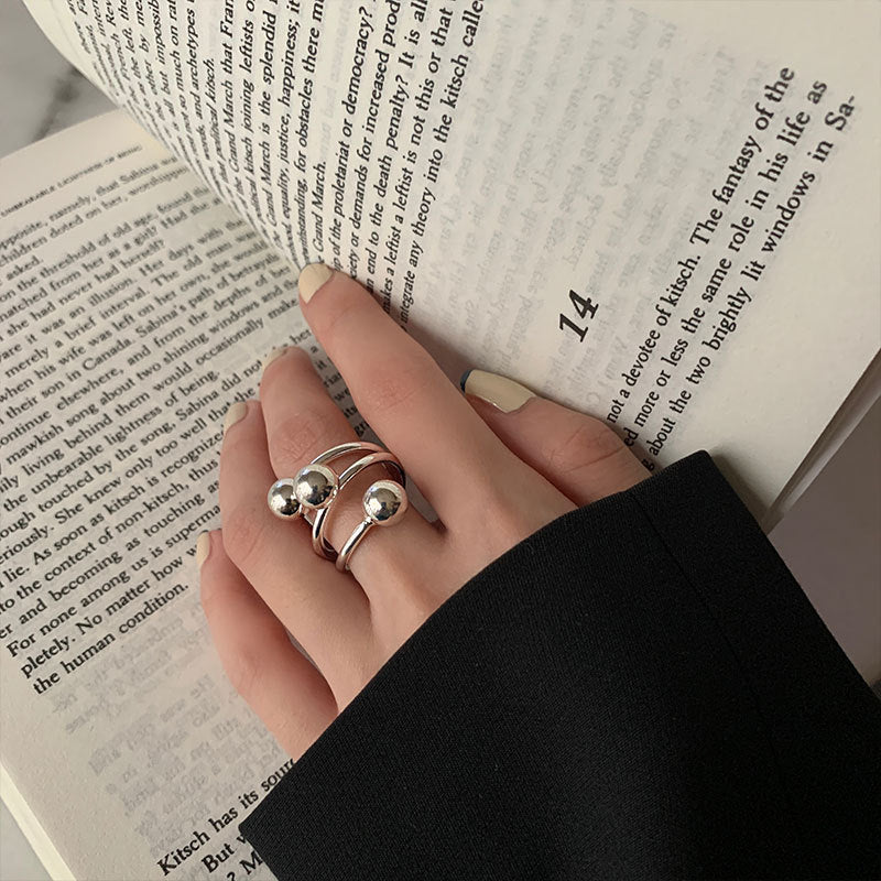 925 Sterling Silver Korean Version Ring Female Ins Niche Design Sense Exaggerated Personality Versatile Geometric Ball Light Pasta Ring