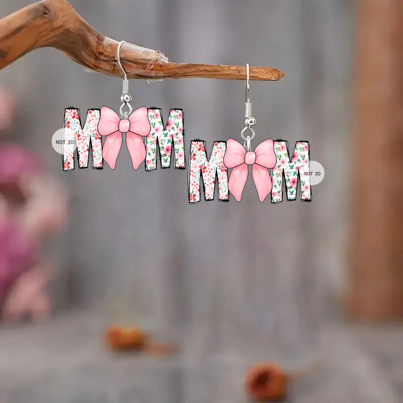 Original Design MOM Letter Bow 2D Acrylic Earrings Cute Fit for Mother's Day Gift